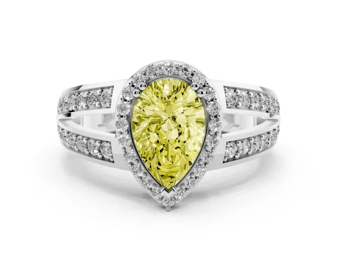 Fancy Yellow Pear Cut Diamond Halo Ring Set in Silver with Double Pavé Split Shank