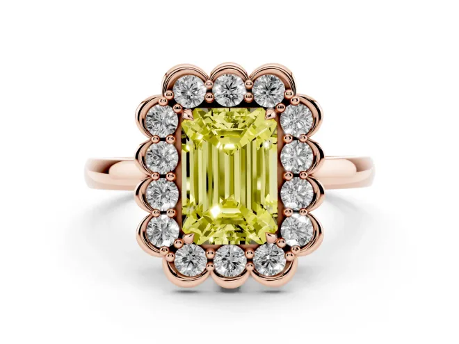 Emerald Cut Scalloped Cluster Halo Engagement Ring Setting for a Fancy Yellow Lab-Grown Diamond | Plain Band | Rose Gold