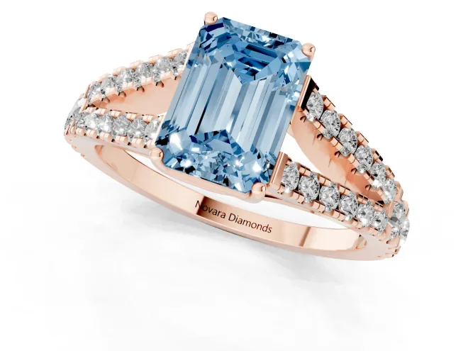 Fancy Blue Emerald Cut Diamond Split Shank Pavé Engagement Ring Set in Rose gold with Prong-Held Center Stone – second view
