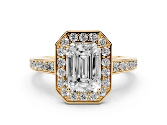 Emerald Cut Framed Halo Engagement Ring Setting | Graduated Pavé Band | Yellow Gold
