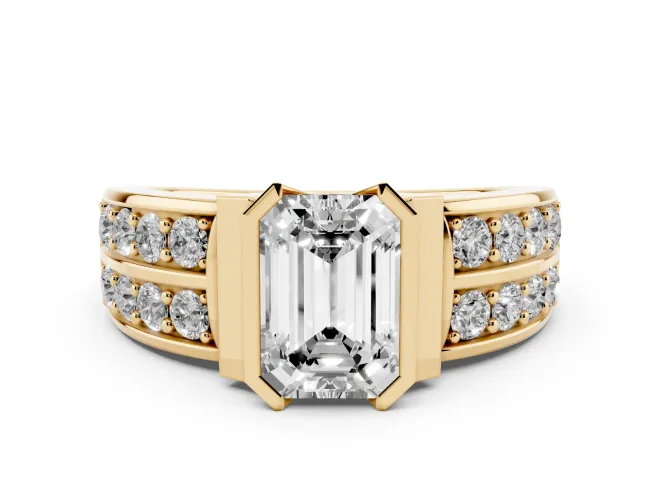 Emerald Cut Half Bezel Engagement Ring Setting | Double Row Channel Band | Yellow Gold