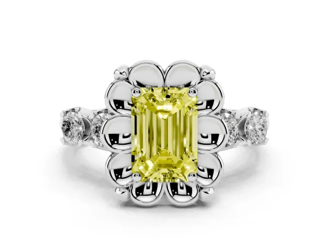 Fancy Yellow Emerald Cut Diamond Floral Halo Ring Set in Platinum with Shared Prong Band
