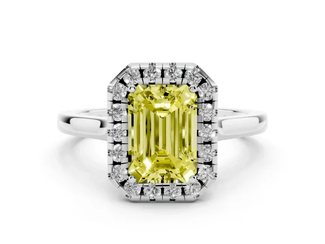 Fancy Yellow Emerald Cut Halo Round Diamond Solitaire Ring Set in Silver with Pavé Band and Prong Setting
