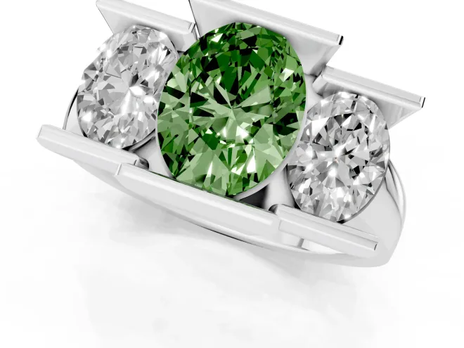Fancy Green Oval Cut Diamond Three-Stone Channel Set Ring Set in White gold with Smooth Polished Band – second view