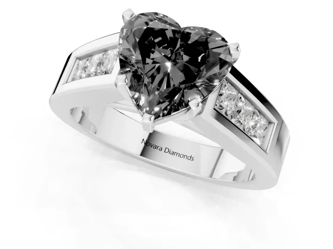 Fancy Black Heart Cut Diamond Solitaire Ring Set in White gold with Channel-Set Accent Stones and Prong Setting – second view
