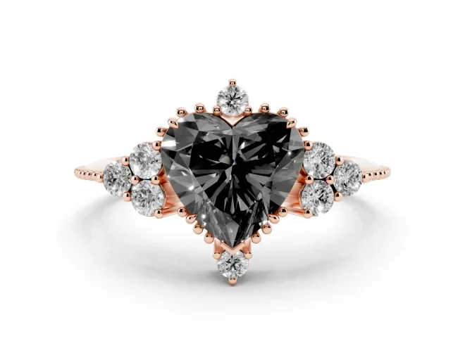 Fancy Black Heart Cut Diamond Cluster Ring Set in Rose gold with Beaded Band