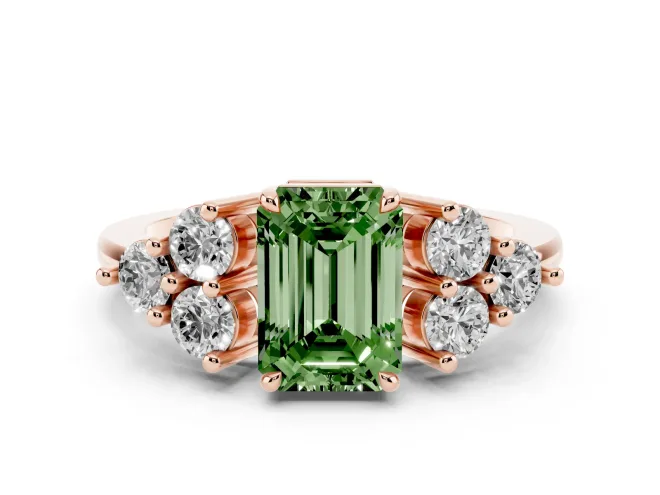 Fancy Green Emerald Cut Diamond Solitaire Ring Set in Rose gold with Cluster Accents on Each Side