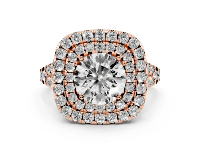 Round Cut Diamond Double Halo Ring Set in Rose gold with Pavé Split Shank and Prong Setting