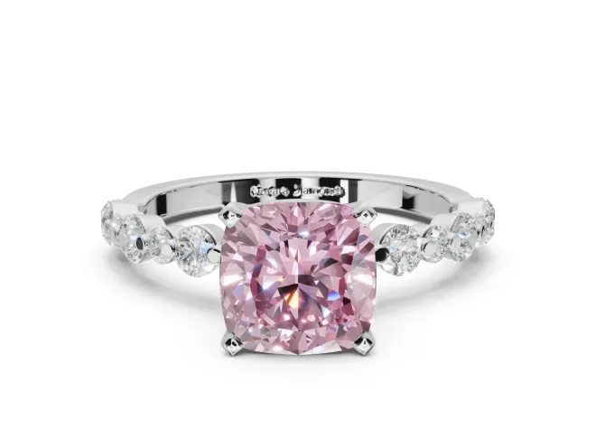 Cushion Cut Pavé Solitaire Engagement Ring Setting for a Fancy Pink Lab-Grown Diamond | Alternating Accents | White Gold