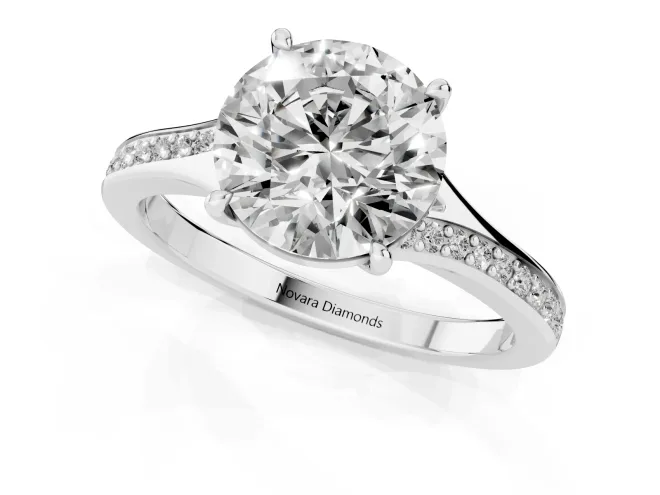 Round Cut Diamond Solitaire Ring Set in Silver with Pavé Accent Band and Classic Prong Setting – second view