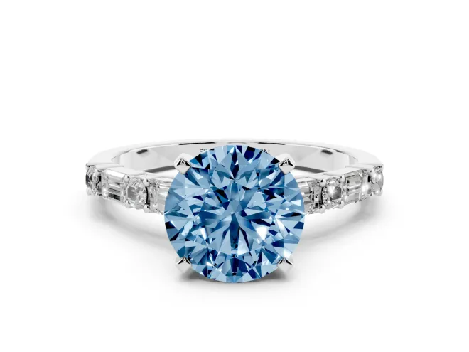 Round Baguette Side Stone Engagement Ring Setting for a Fancy Blue Lab-Grown Diamond | White Gold
