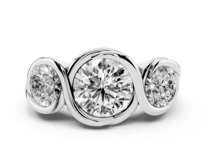 Round Bezel Three Stone Engagement Ring Setting | S-Curve Wave | Platinum