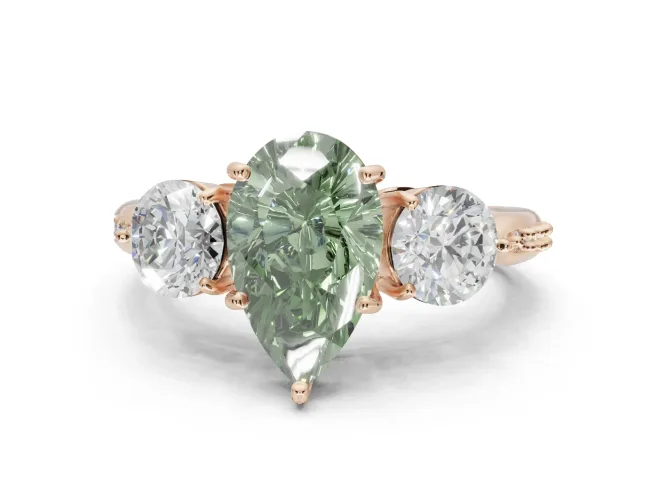 Pear-Shaped Three Stone Engagement Ring Setting for a Fancy Green Lab-Grown Diamond | Tapered Pavé Band | Rose Gold