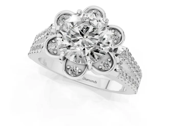 Round Cut Diamond Floral Halo Split Shank Engagement Ring Set in Silver with Pavé Shank – second view