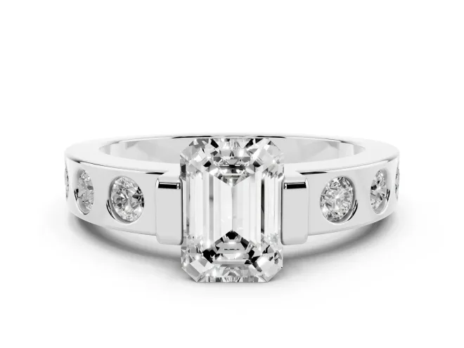 Emerald Cut Diamond Channel-Set Band Ring Set in White gold with Bezel Prong Setting