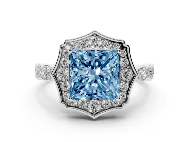 Princess Cut Scalloped Halo Engagement Ring Setting for a Fancy Blue Lab-Grown Diamond | Pavé Band | Sterling Silver