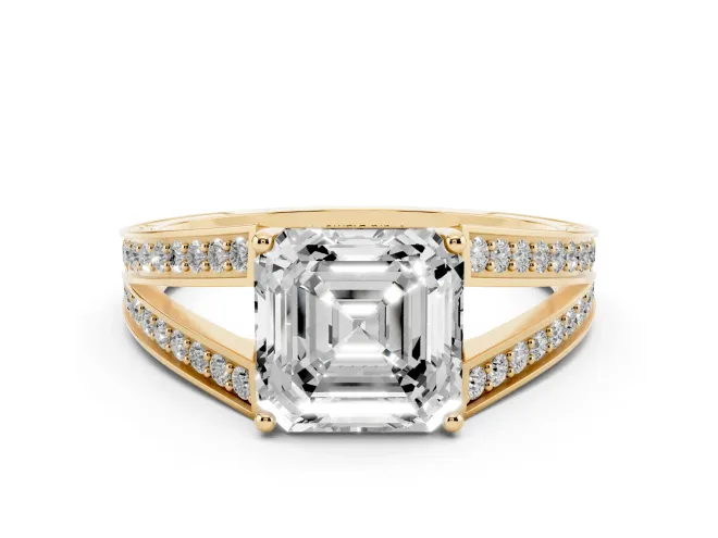 Asscher Cut Split Shank Pavé Engagement Ring Setting | Engraved Leaf Sides | Yellow Gold