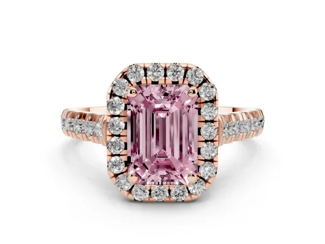 Emerald Cut Accented Halo Engagement Ring Setting for a Fancy Pink Lab-Grown Diamond | Rose Gold