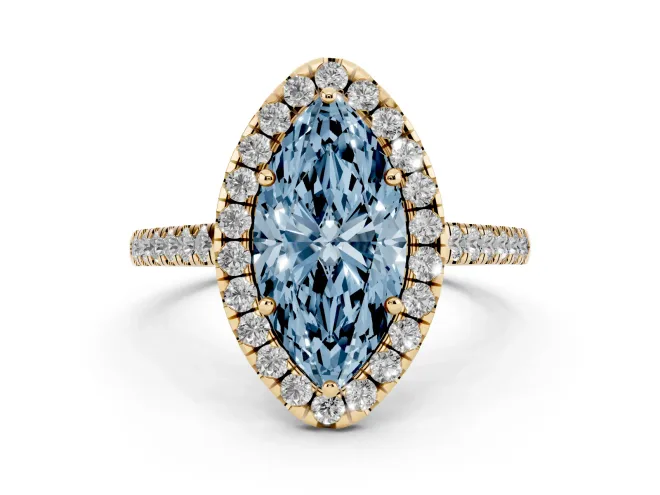 Fancy Blue Marquise Cut Diamond Halo Pavé Engagement Ring Set in Yellow gold with Prong Setting