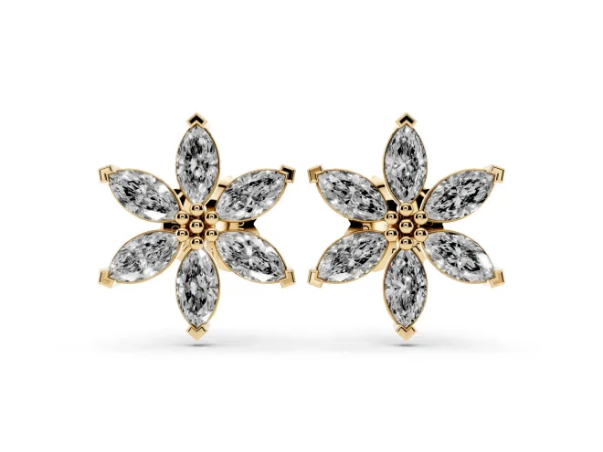 Marquise Lab-Grown Diamond Six Petal Flower Stud Earrings | Beaded Middle | Yellow Gold