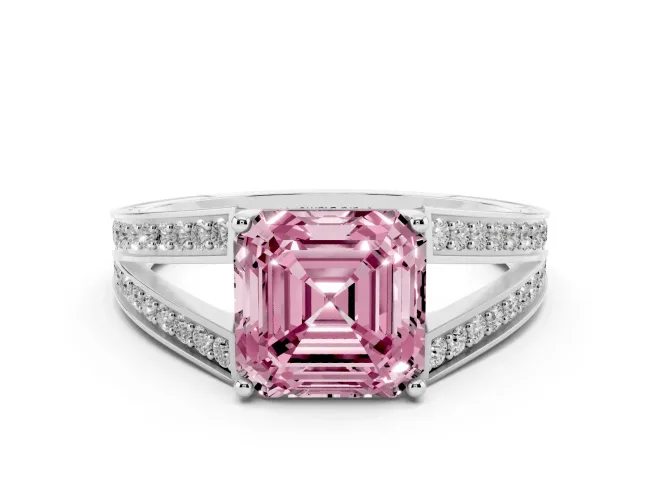 Fancy Pink Asscher Cut Diamond Split Shank Ring Set in Silver with Pavé Band and Prong Setting