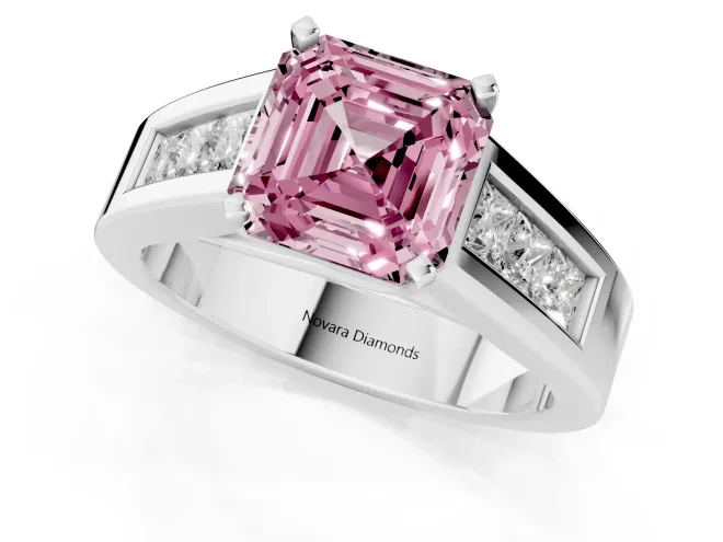 Fancy Pink Asscher Cut Diamond Solitaire Ring Set in Platinum with Channel-Set Accent Stones and Prong Setting – second view