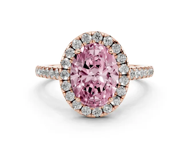 Oval Halo Engagement Ring Setting for a Fancy Pink Lab-Grown Diamond | Pavé Shoulders | Rose Gold