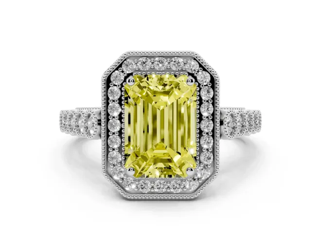 Emerald Cut Graduated Milgrain Halo Engagement Ring Setting for a Fancy Yellow Lab-Grown Diamond | White Gold