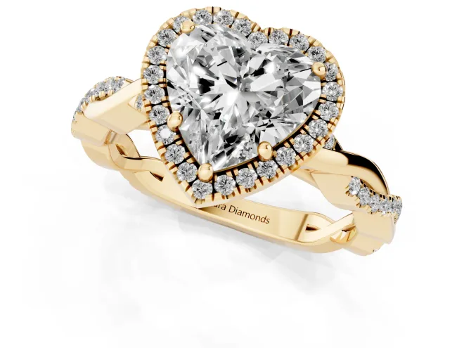 Heart Cut Diamond Halo Twisted Band Ring Set in Yellow gold with Prong Setting – second view