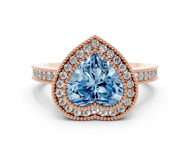 Fancy Blue Heart Cut Diamond Round Halo Ring Set in Rose gold with Pavé Band