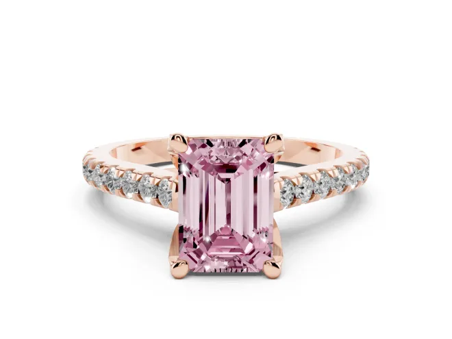 Emerald Cut Hidden Halo Pavé Engagement Ring Setting for a Fancy Pink Lab-Grown Diamond | Claw Prongs | Rose Gold