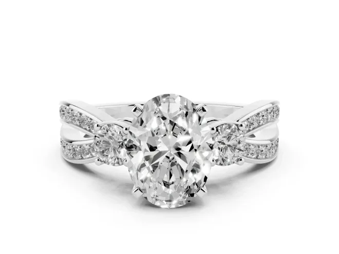 Oval Three-Stone Pavé Twist Engagement Ring Setting | Split Shank | White Gold