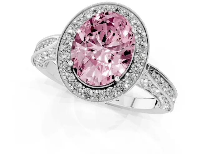 Fancy Pink Oval Cut Diamond Halo Engagement Ring Set in Silver with Accent Split Shank Band – second view