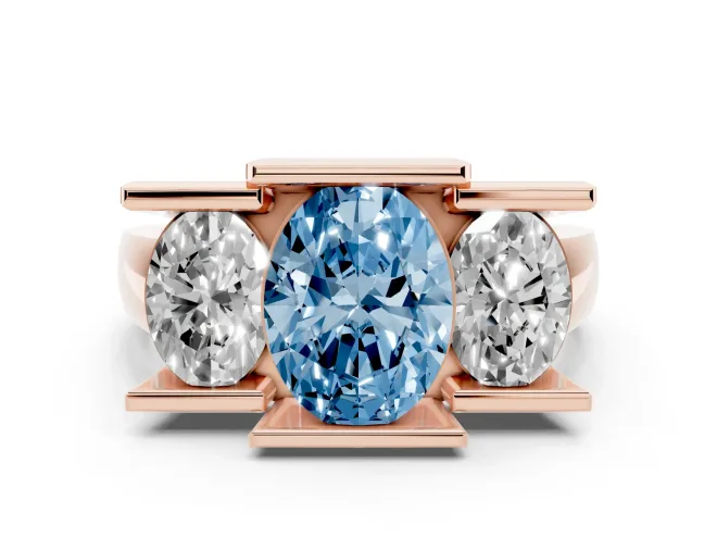 Oval Channel-Set Three Stone Engagement Ring Setting for a Fancy Blue Lab-Grown Diamond | Rose Gold