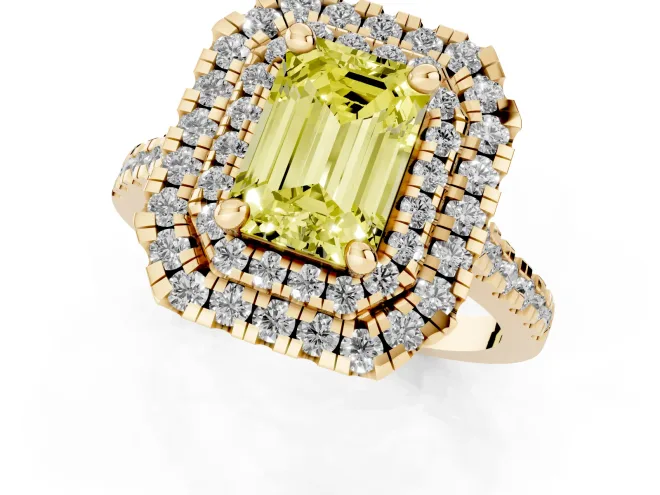Fancy Yellow Emerald Cut Diamond Double Halo Statement Ring Set in Yellow gold with Pavé Band – second view