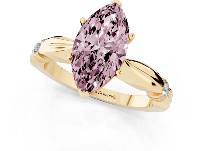 Fancy Pink Marquise Cut Diamond Solitaire Twisted Band Ring Set in Yellow gold with Accent Stones and Prong Setting – second view
