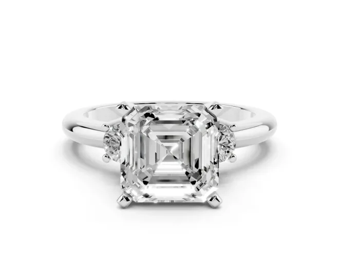 Three-Stone Asscher Cut Diamond Ring Set in Silver with Prong Setting and Plain Band