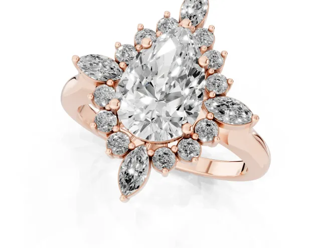 Pear Cut Diamond Cluster Halo Ring Set in Rose gold with Marquise and Round Accents – second view