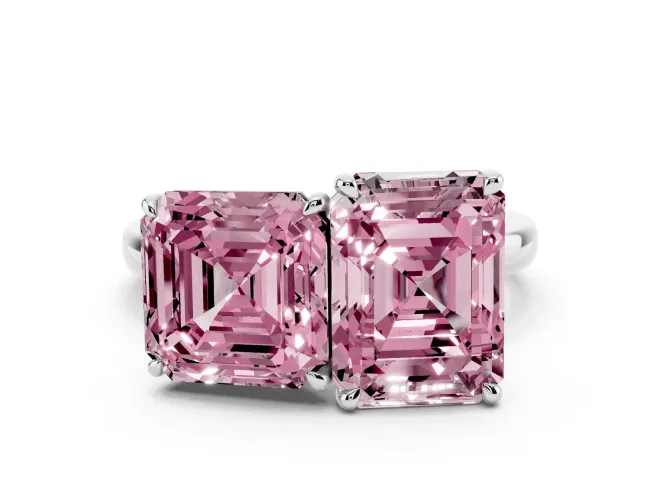 Fancy Pink Asscher Cut and Emerald Cut Toi Moi Ring Set in Silver with Prong Setting