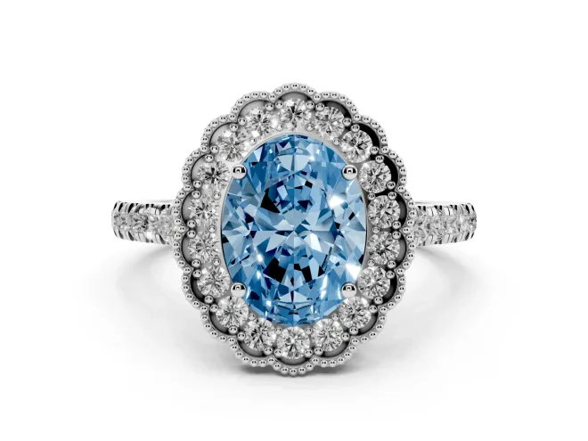 Oval Vintage Milgrain Floral Halo Engagement Ring Setting for a Fancy Blue Lab-Grown Diamond | Pavé Band | White Gold