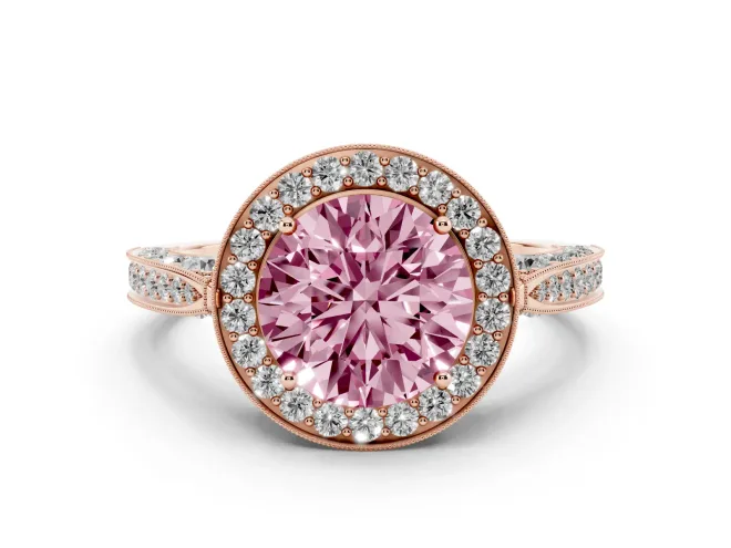 Round Milgrain Halo Engagement Ring Setting for a Fancy Pink Lab-Grown Diamond | Side Stones | Rose Gold