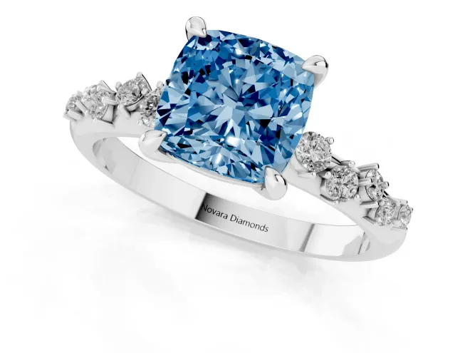 Fancy Blue Cushion Cut Diamond Solitaire Vine Band Ring Set in White gold with Round Accents and Prong Setting – second view