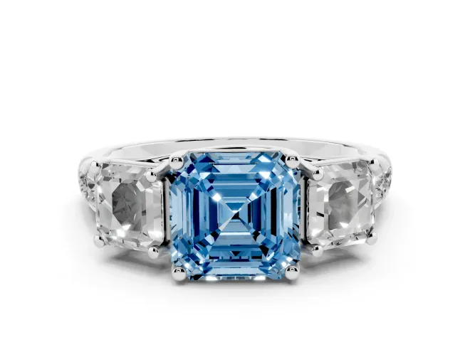 Asscher Cut Three Stone Engagement Ring Setting for a Fancy Blue Lab-Grown Diamond | Sterling Silver - Design NV-24849