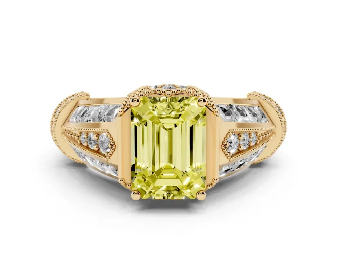 Fancy Yellow Emerald Cut Diamond Vintage-Inspired Milgrain Ring Set in Yellow gold with Accent Split Shank