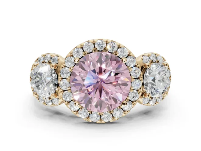 Round Three Stone Halo Engagement Ring Setting for a Fancy Pink Lab-Grown Diamond | Yellow Gold