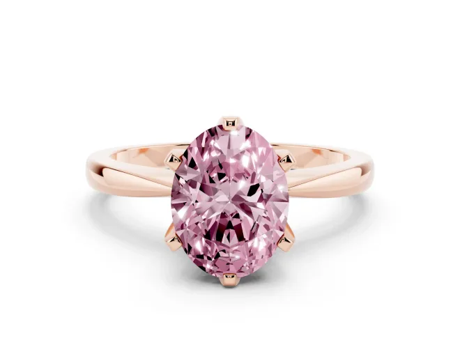 Fancy Pink Oval Cut Diamond Solitaire Engagement Ring Set in Rose gold with Slim Tapered Solitaire Band