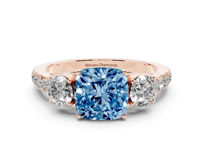 Cushion Cut Engagement Ring Setting for a Fancy Blue Lab-Grown Diamond | Three Stone | Rose Gold