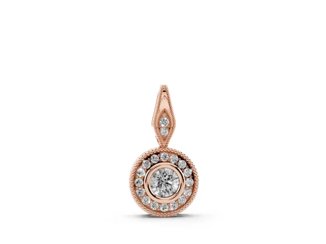 Round Lab-Grown Diamond Vintage Halo Pendant Necklace | Bezel and Milgrain | Rose Gold