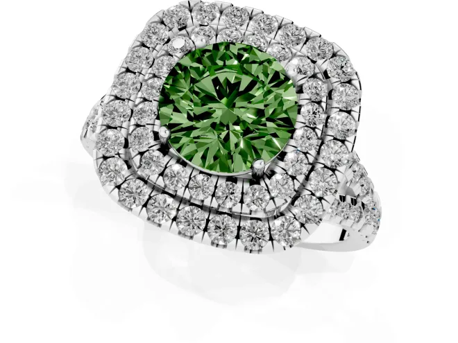 Fancy Green Round Cut Diamond Double Halo Ring Set in White gold with Pavé Split Shank and Prong Setting – second view
