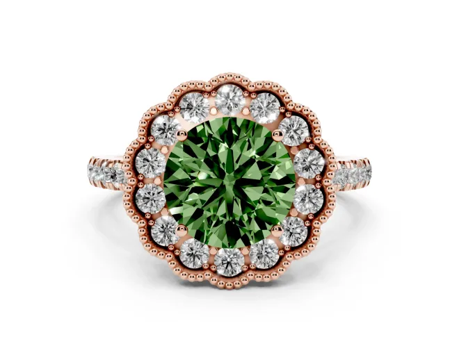 Round Vintage Milgrain Floral Halo Engagement Ring Setting for a Fancy Green Lab-Grown Diamond | Pavé Band | Rose Gold